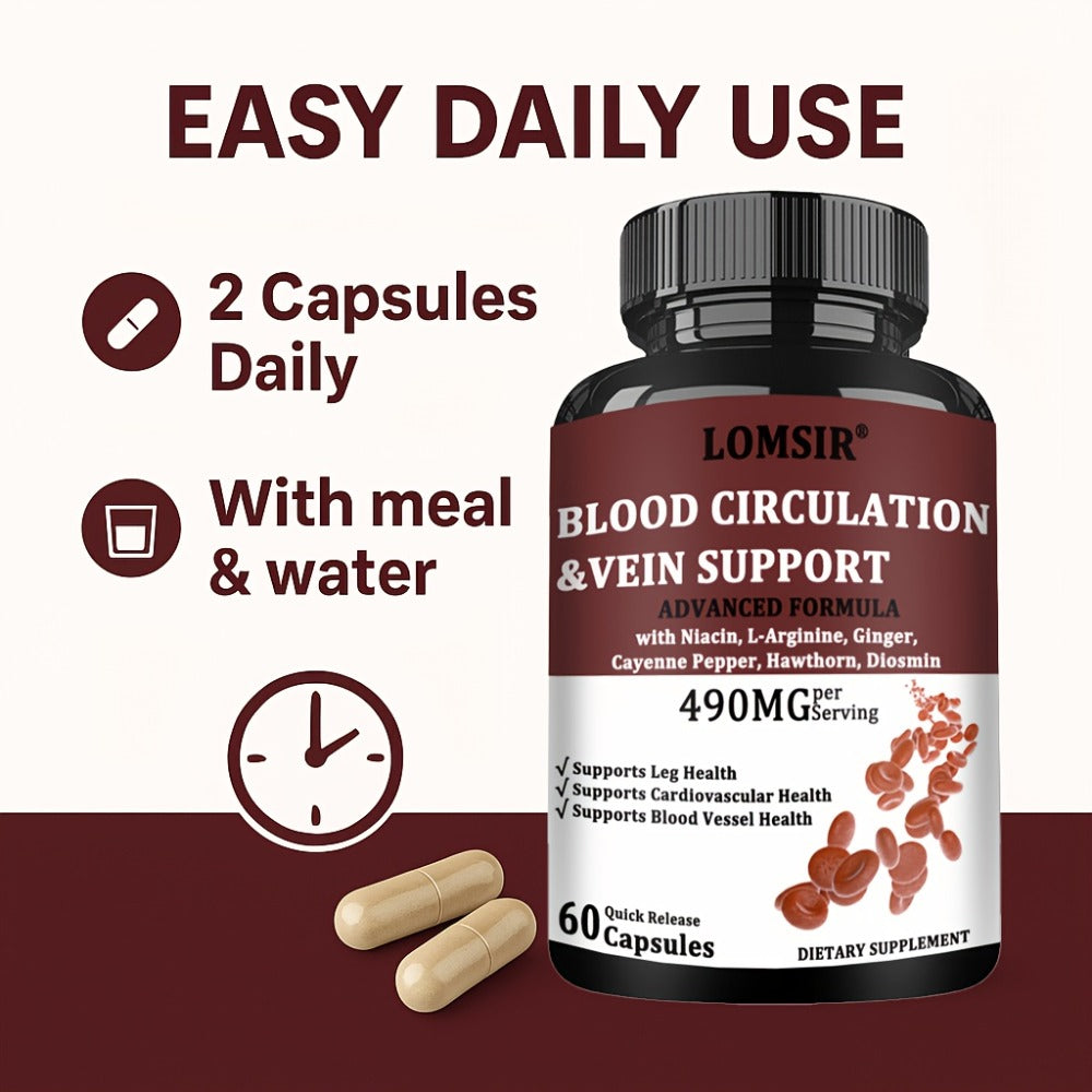 Blood Circulation Supplement, Supports Leg Vein, Heart, Vessels And Cardiovascular Health with Niacin, L-Arginine, Ginger, Cayenne Pepper, Hawthorn, Diosmin, Blood Flow Pills - 60 Capsules