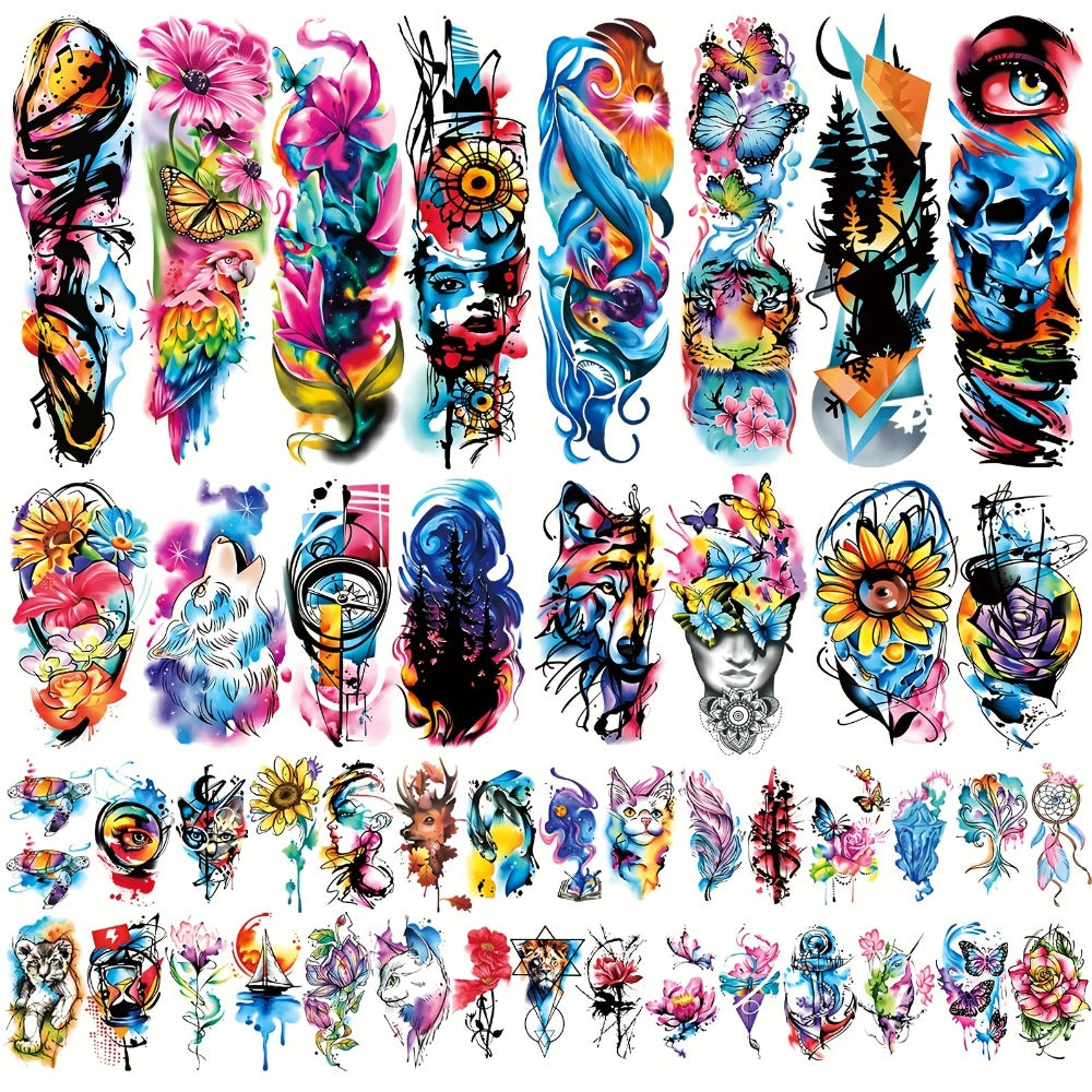 Temporary Tattoos Full Arm 46 Sheets | Waterproof Long-Lasting Body Art Stickers for Men & Women | Colorful Floral Geometric Portrait Ink Painting Style | Realistic Festive Tattoo Design Set