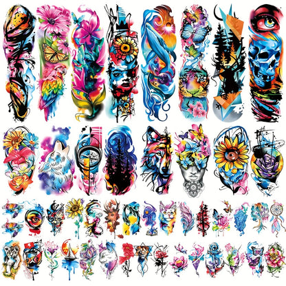 Temporary Tattoos Full Arm 46 Sheets | Waterproof Long-Lasting Body Art Stickers for Men & Women | Colorful Floral Geometric Portrait Ink Painting Style | Realistic Festive Tattoo Design Set