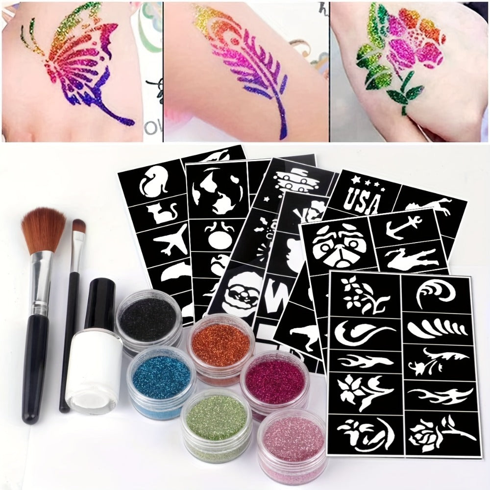 Glitter Tattoo Kit for Kids & Adults - 14 Stencil Sheets, 6 Metallic Colors, Body Glue & 2 Brushes - Temporary Body Art Set for Parties & Festivals