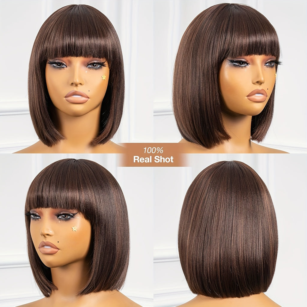 Brown Highlight Bob Wigs with Bangs - 10 Inch Blunt Cut Yaki Straight Daily Costume Wig for, Short Synthetic Hair Wigs Heat Resistant (10 Inch, M4/30)
