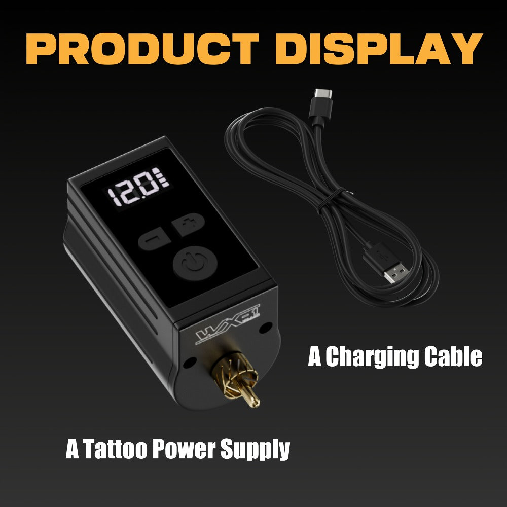 Wireless Tattoo Battery Power Supply 1450mAh — Neebol WX-1 Plus RCA, LED Display, 12V Boost Mode, 6-Hour Runtime, USB-C Charging, for Rotary Machines & PMU Pens