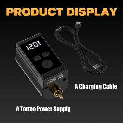 Wireless Tattoo Battery Power Supply 1450mAh — Neebol WX-1 Plus RCA, LED Display, 12V Boost Mode, 6-Hour Runtime, USB-C Charging, for Rotary Machines & PMU Pens