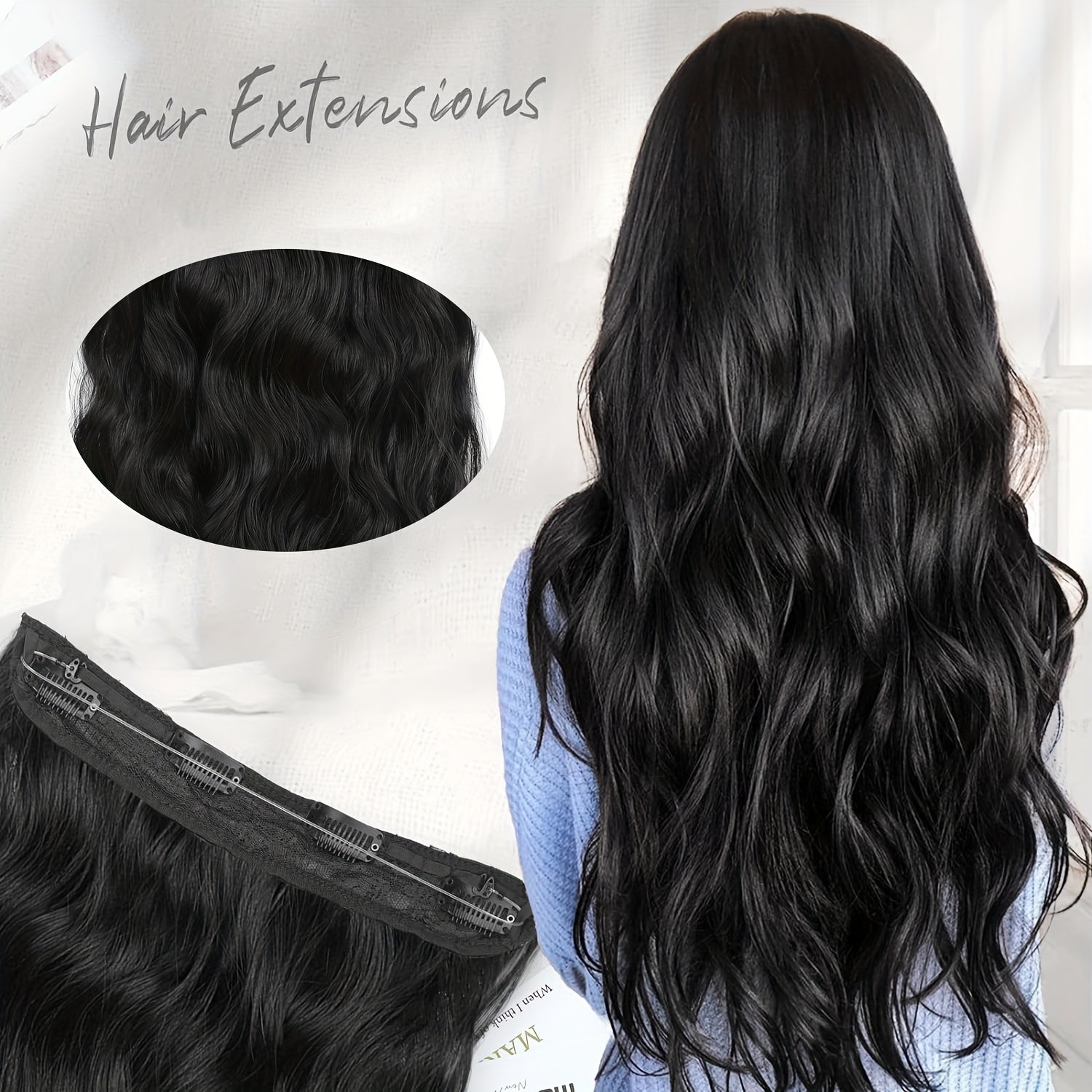 [Invisible Wire Hair Extensions] 22 Inch Invisible Wire Hair Extensions | Fish Line Hair Extensions with Transparent Wire Headband, Adjustable Size, 4 Secure Clips, Long Wavy Hairpiece for Women, Natural Long Wavy Clips Ins Hair Extensions for Thin Hair,