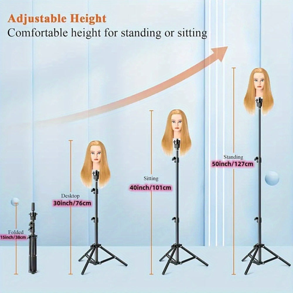 Adjustable Wig Stand Tripod Mannequin Head Stand 360 Rotation Height Adjustable to 50 Inch Aluminum Alloy for Styling Cosmetology Hairdressing Training