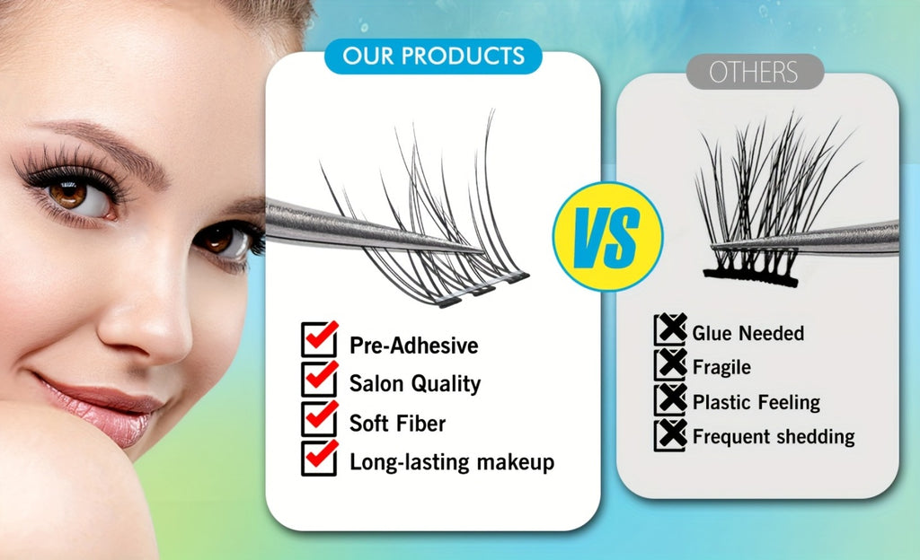 Self Adhesive Lash Clusters No Glue Needed, Lightweight Lashes Clusters Kit, Pre Glued Wispy Cluster Lashes Natural Volume Press On Lashes with 2 Tweezers, Reusable Eyelashes, Beginner Friendly Casual Attire Lashes Fluffy Individual Cluster Eyelashes