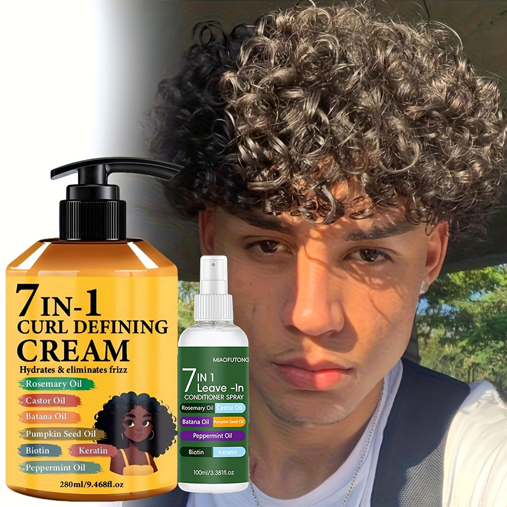 2pcs Set [Upgraded Version] 7-in-1 Hair Styling Cream 9.47oz + 7-in-1 Fragrance Leave-in Conditioner Spray 3.38oz, Containing Rosemary Oil, Castor Oil, Batana Oil, Pumpkin Seed Oil, Peppermint Oil, Biotin, Keratin.