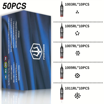 Round Liner Tattoo Cartridge Needles 50pcs Assorted Mix - #10 Bugpin & #12 Standard 3RL 5RL 7RL 9RL 11RL Disposable Membrane Safety Long Taper for Tattoo PMU V2