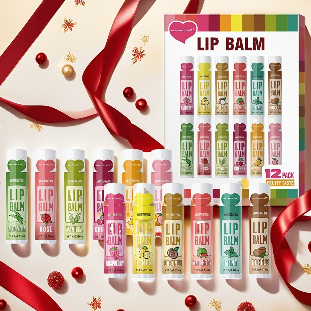 12pcs MISS FACTORX Lip Balm Set, Hypoallergenic Glycerin-Infused Moisturizing Lip Butters, Unisex Adult Lip Care Collection, with Glossy Finish, for All Skin Types, Perfect Gift for Women on Valentine's Day
