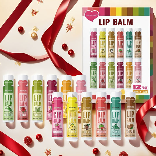 12pcs MISS FACTORX Lip Balm Set, Hypoallergenic Glycerin-Infused Moisturizing Lip Butters, Unisex Adult Lip Care Collection, with Glossy Finish, for All Skin Types, Perfect Gift for Women on Valentine's Day