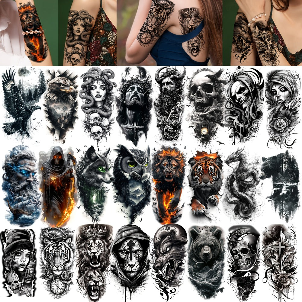 24-Pack Half Sleeve Temporary Tattoos for Adults - Realistic 3D Lion, Eagle, Skull And Greek God Designs | Waterproof Forearm Body Stickers for Men And Women (Gothic Style, Long-Lasting)