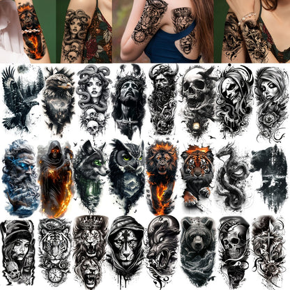 Half Sleeve Temporary Tattoos 24 Pack Realistic 3D Lion Eagle Skull Greek God Designs Waterproof Long Lasting Forearm Body Stickers Gothic Style for Men Women Adults