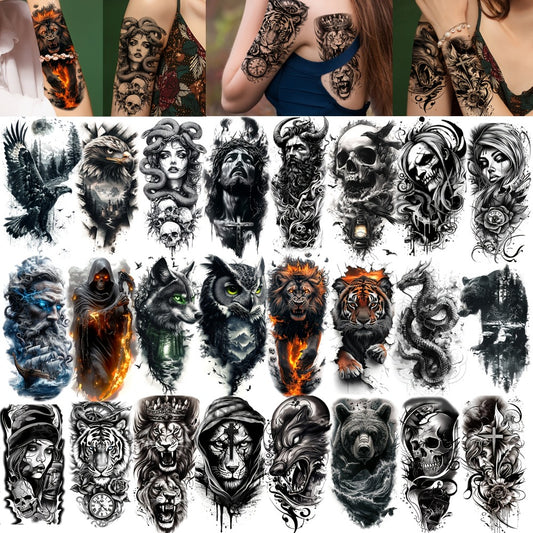 24-Pack Half Sleeve Temporary Tattoos for Adults - Realistic 3D Lion, Eagle, Skull And Greek God Designs | Waterproof Forearm Body Stickers for Men And Women (Gothic Style, Long-Lasting)