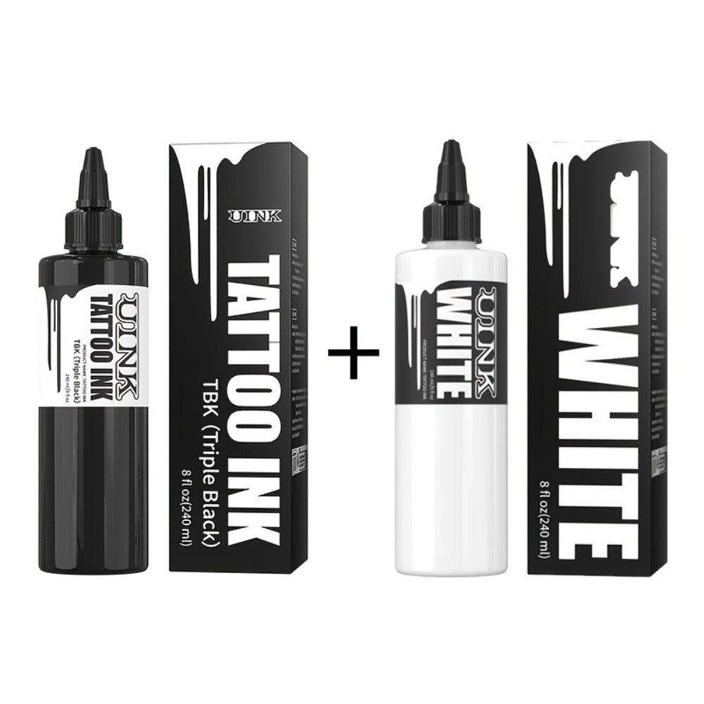 Tattoo Ink 8.12oz Large Capacity Black & White - UINK Professional Tattoo Ink Set for Line Work Coloring Shading Body Art Graffiti Beginners & Artists