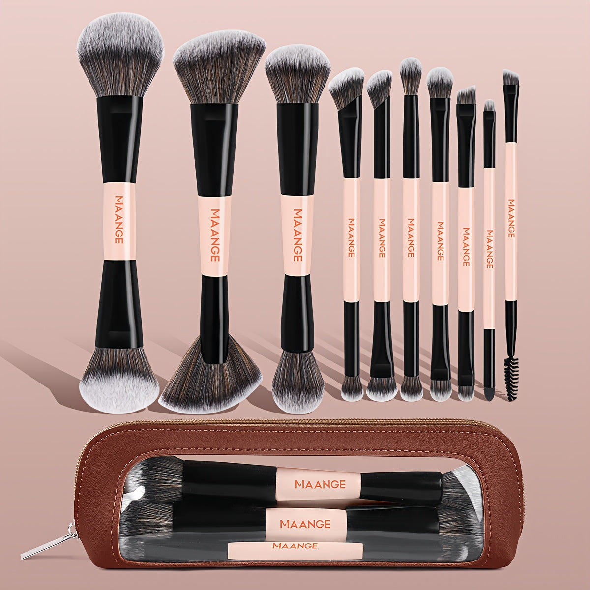 10pcs MAANGE Professional Double-Headed Blush And Eyeshadow Makeup Brush with Cosmetic Bag - Dual-Ended Facial Brush Suitable for Beginners And Pros, Soft Nylon Bristles, Non-Sticky Face, Precise Application for Powder/Products