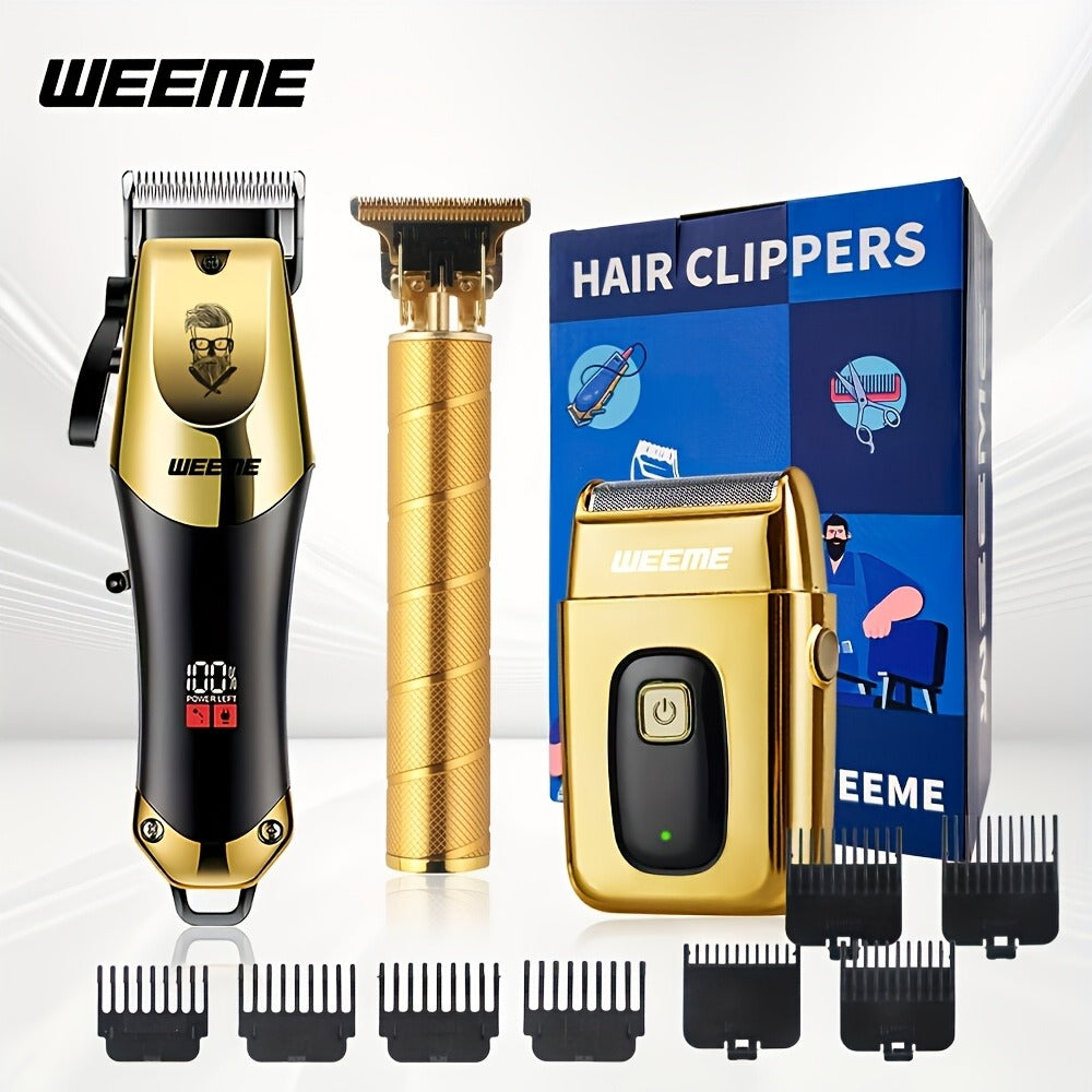 WEEME 1pc/3pcs Men'S Hair Clipper, Golden Hair Clippers LCD Display, USB Rechargeable, Guide Combs, Trimmer And Shaver, With Cleaning Brushes, Gift For Men