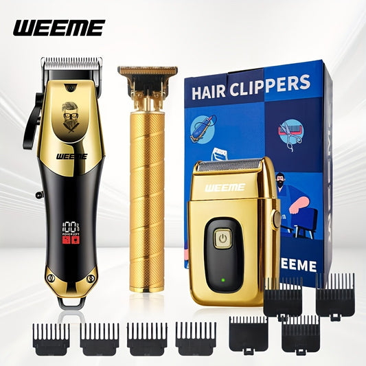 WEEME 1pc/3pcs Men'S Hair Clipper, Golden Hair Clippers LCD Display, USB Rechargeable, Guide Combs, Trimmer And Shaver, With Cleaning Brushes, Gift For Men