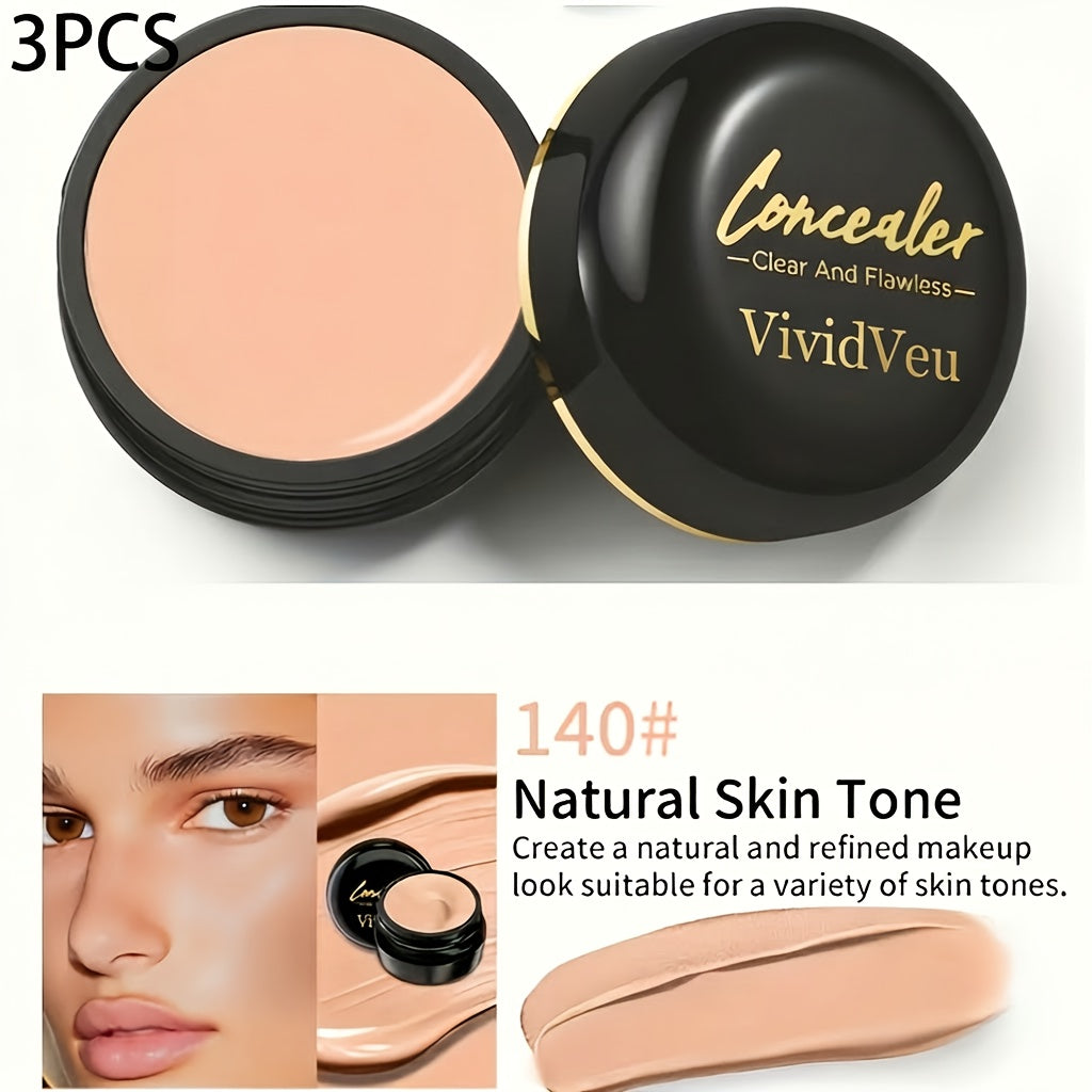3pcs VividVeu Full Coverage Concealer - Waterproof, Matte Finish, Suitable for All Skin Tones, Covers and Dark Spots, Long-lasting, Multi-colored, Plant-based Ingredients