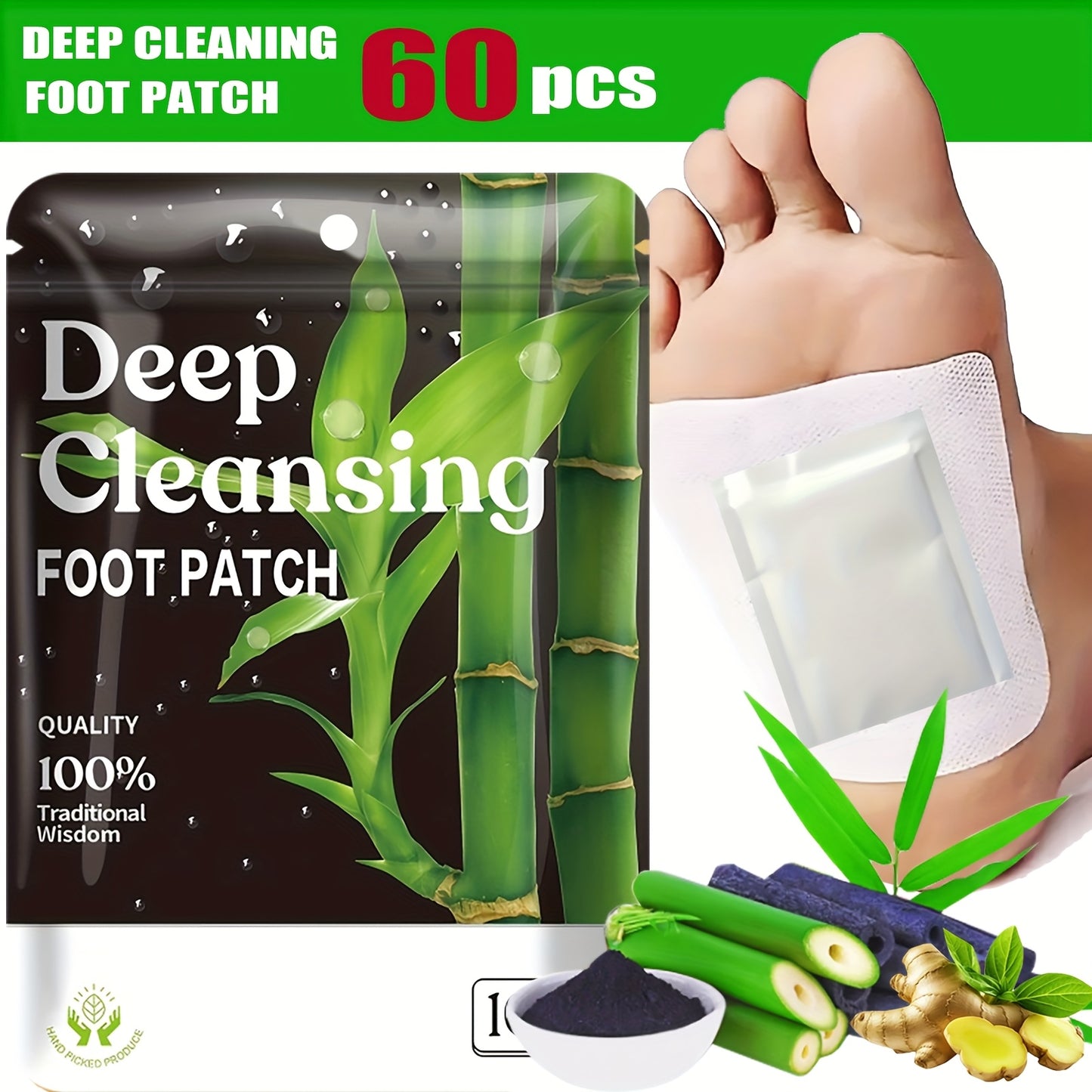 Foot Detox Patches Bamboo Vinegar & Ginger — Deep Cleansing Foot Pads, Natural Plant Ingredients, Alcohol-Free Moisturizing Foot Care Patch | 60 or 160 Pcs Set