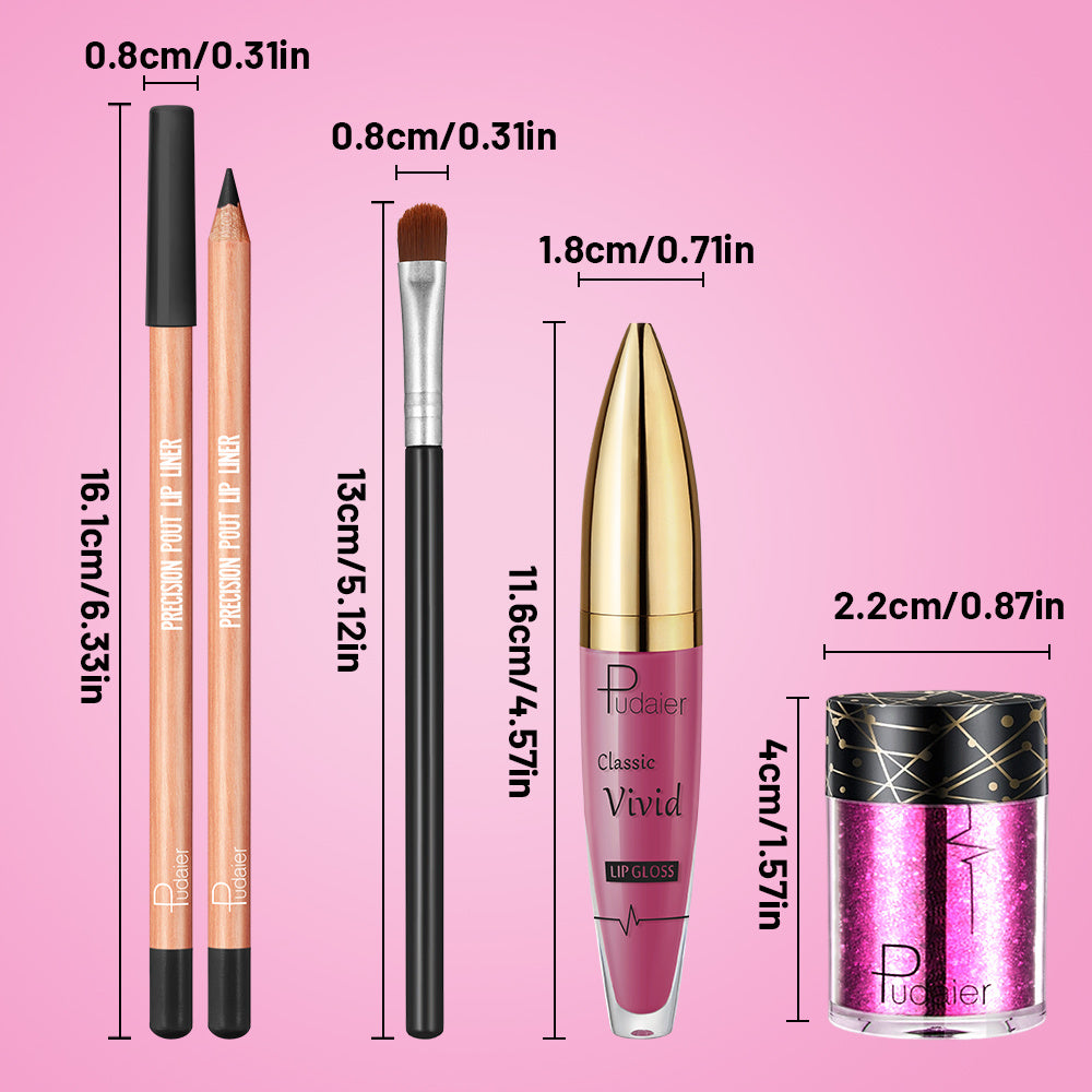 Pudaier lip combo set Sparkling Lip Glitter Kit, Includes Lip Liner, Lip Gloss, Chunky Glitter & Lip Brush, Metallic Glitter Lip Makeup Set, Party Festival Rave Makeup, Gift for Women, makeup for women lipstick