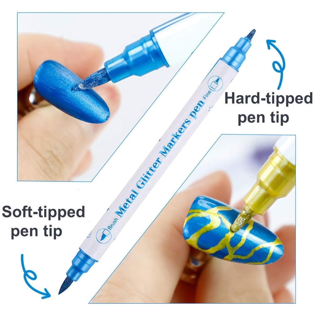 10 Colors 3D Nail Art Pens DIY Set, Double Ended Metallic Nail Marker Pens Graffiti Dotting Drawing Painting Liner Pen, Quick-Drying Acrylic Paint Pen for Home Salon Quickly Dry Nail Art