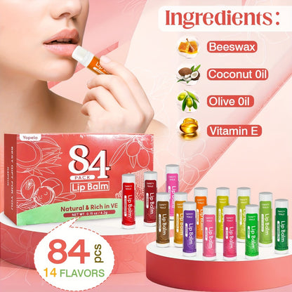 Lip Balm Lipstick Set 84 Pcs 14 Flavors Moisturizing Natural Luster Mini Lipstick Bulk Pack, Party Favors Wedding Bridesmaids Graduation Souvenirs Gift