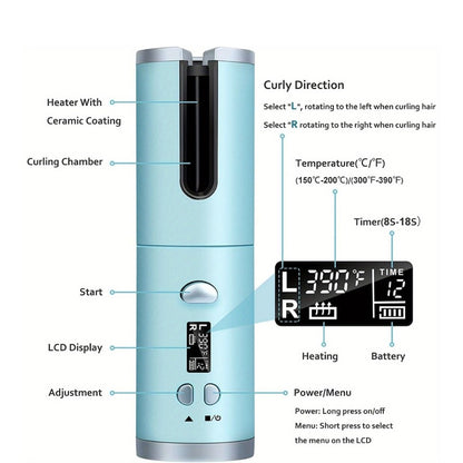 Automatic Hair Curler Cordless USB Rechargeable – Rotating Curling Iron with 6 Heat Settings, LCD Display, Auto Shut-Off, Storage Bag & Hair Clips Included