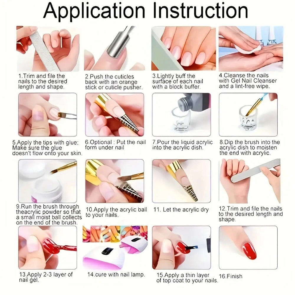 23-in-1 Professional Acrylic Nail Kit Complete with 12 Glitter Colors, White & /Pink Powder - DIY Nail Extensions for Beginners & Pros, Full Nail Set (No Glue/Liquid) - - Manicure System for Women