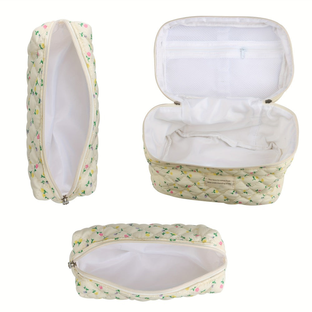 Large Capacity Dual Layer Cotton Makeup Cosmetic Bag (3PCS), Cute Quilted Travel Coquette Aesthetic Floral Make up Bag for Women Toiletry Bag