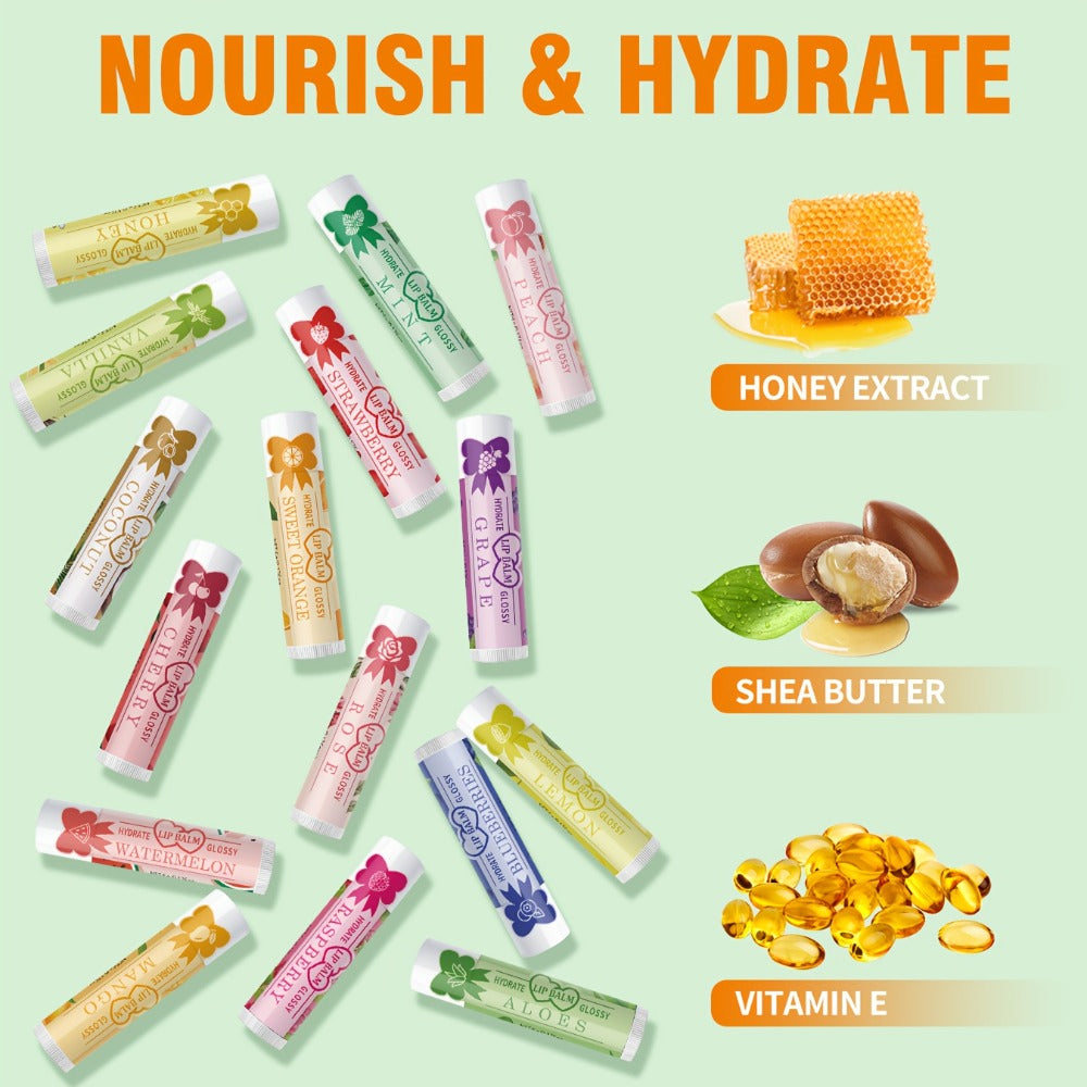 Lip Balm Set 16 Pack – Assorted Flavored Moisturizing Lip Balms for Long-Lasting Hydration & Shine | Bulk Lip Care Kit for Dry Lips, All Skin Types | Perfect Gift Set for Women, Girls & Teens