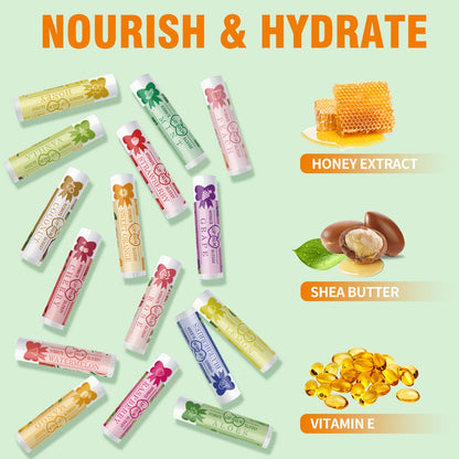 Lip Balm Set 16 Pack – Assorted Flavored Moisturizing Lip Balms for Long-Lasting Hydration & Shine | Bulk Lip Care Kit for Dry Lips, All Skin Types | Perfect Gift Set for Women, Girls & Teens