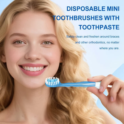 Disposable Mini Toothbrush 5-in-1 — Pre-Applied Mint Toothpaste, Floss, Pick & Tongue Scraper, Soft Nylon Bristles, Compact Travel Oral Care Kit, 24 or 40 Pack