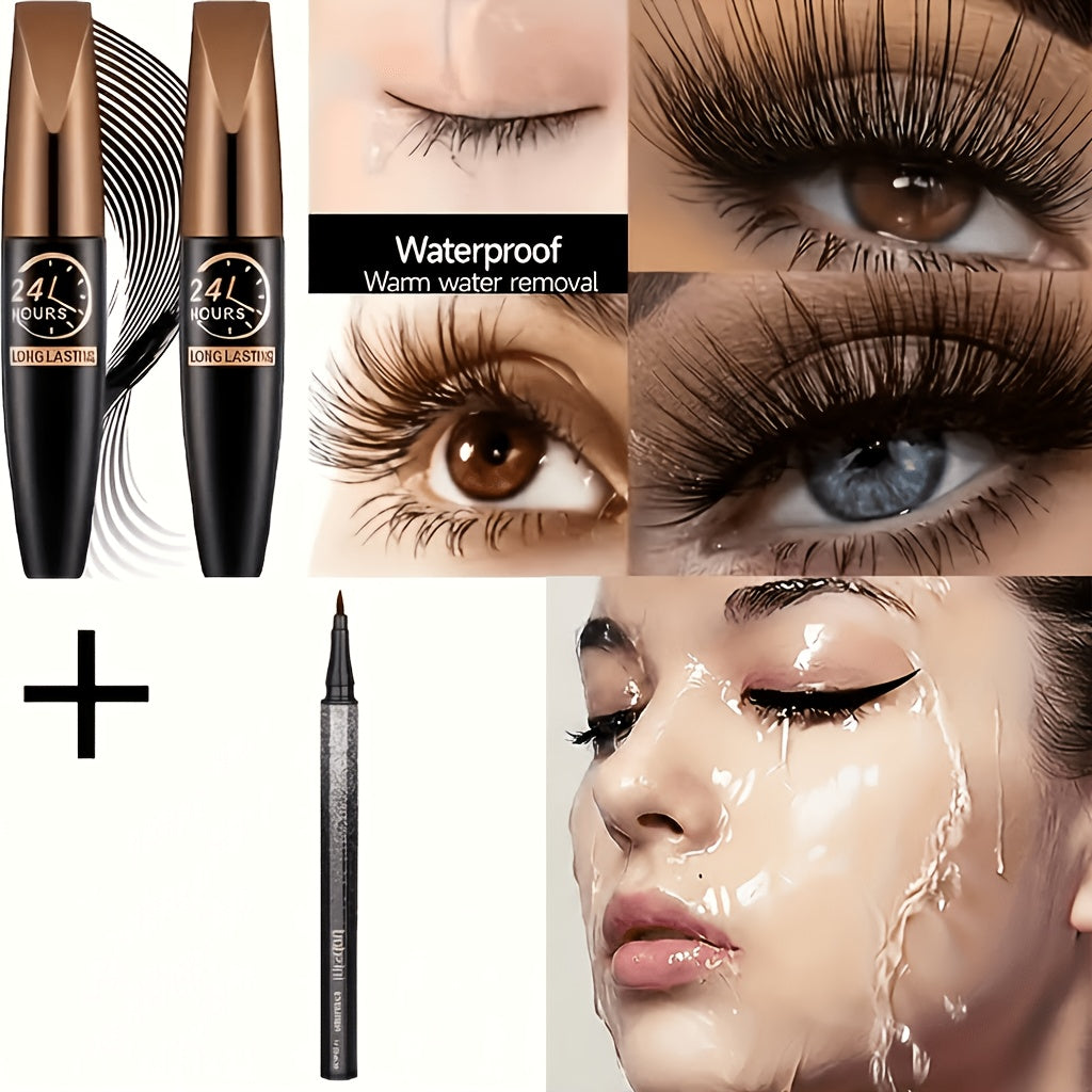 Mascara 8D Fiber Volume & Lengthening Smudge-Proof Waterproof Lash Enhancer, Long-Lasting Black Mascara Set with Eyeliner Pencil, Luxury Beauty Gift for Her