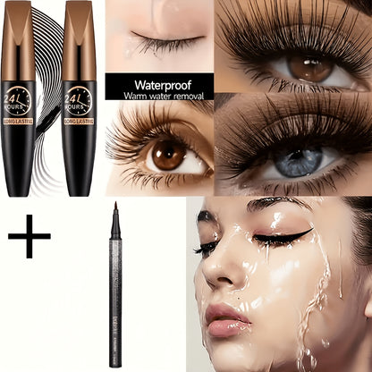 Mascara 8D Fiber Volume & Lengthening Smudge-Proof Waterproof Lash Enhancer, Long-Lasting Black Mascara Set with Eyeliner Pencil, Luxury Beauty Gift for Her