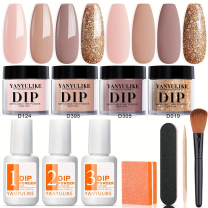 Dip Powder Nail Kit 11pcs for Beginners - 4 Nude Skin Tone Shades Golden Glitter Base Coat Top Coat Activator French Nail Art Gift Set