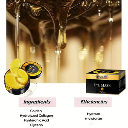 Under Eye Patches 24K Gold Collagen Hyaluronic Acid Glycerin Moisturizing Plumping Anti-Dark Circle Unisex All Skin Types Travel Gift 60pcs