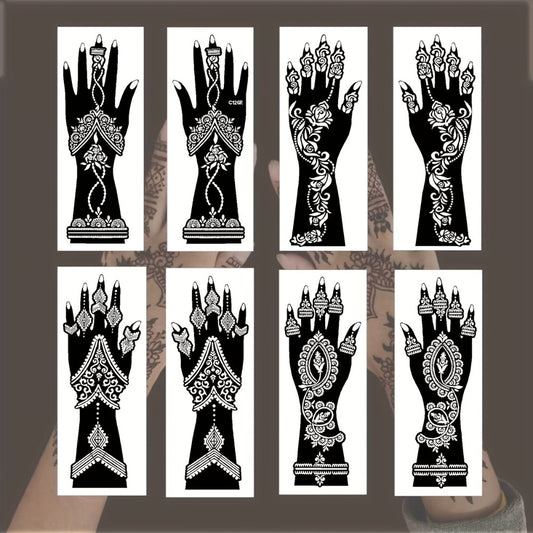 Tattoo Stencils 8-Piece Set Vintage Ramadan Henna-Style Designs | Reusable Body Art Stencils for Brides Bridal Party | Valentine's Day New Year Celebration Skin Decoration Stickers