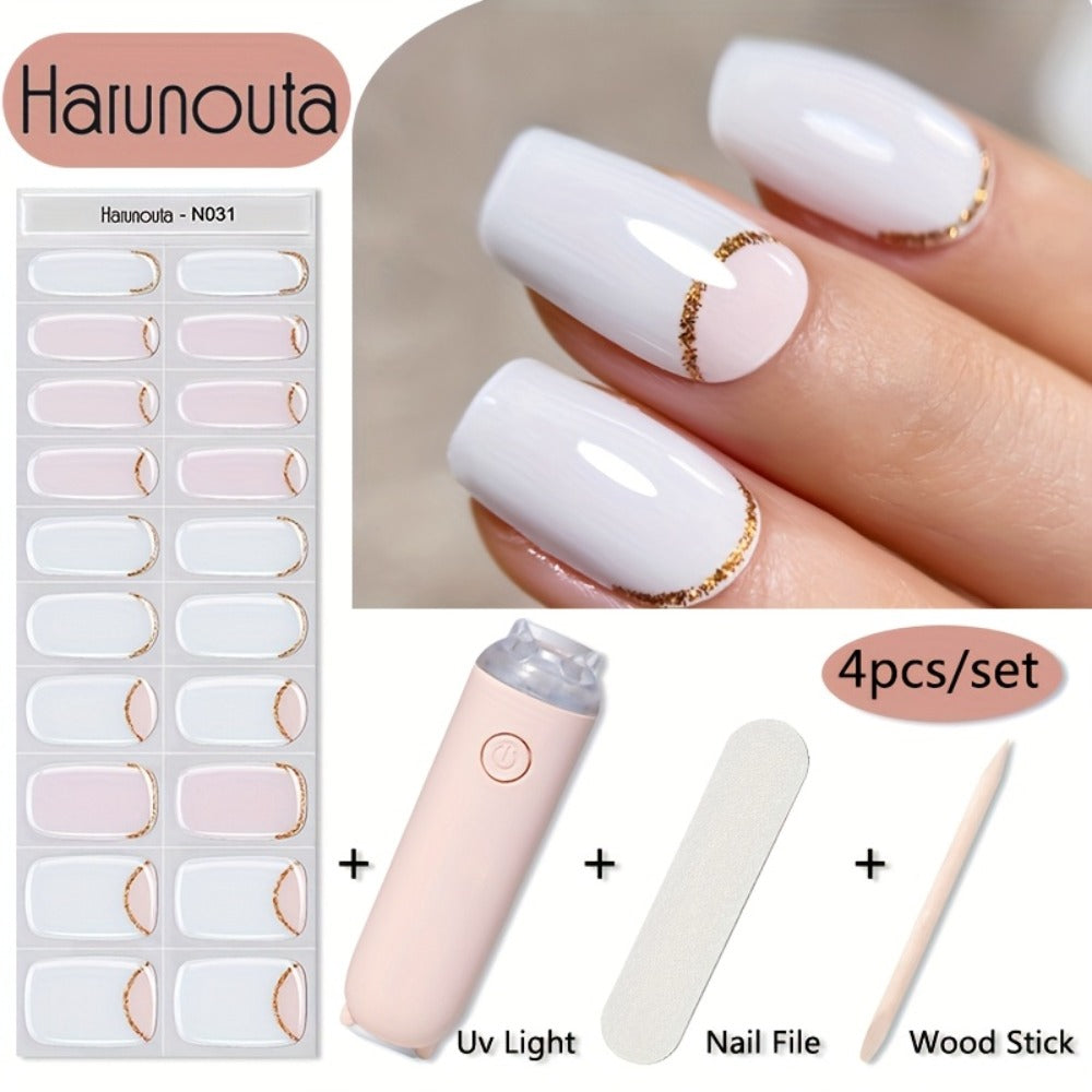 Harunouta 20strips Semi Cured Gel Nail Strips Set with Hand Held Nail Lamp Kit Gel Nail Stickers Glitter Flower Gel Nail Wraps Gel Polish Stickers Nail Art Manicure for DIY Nails Home Use Nails