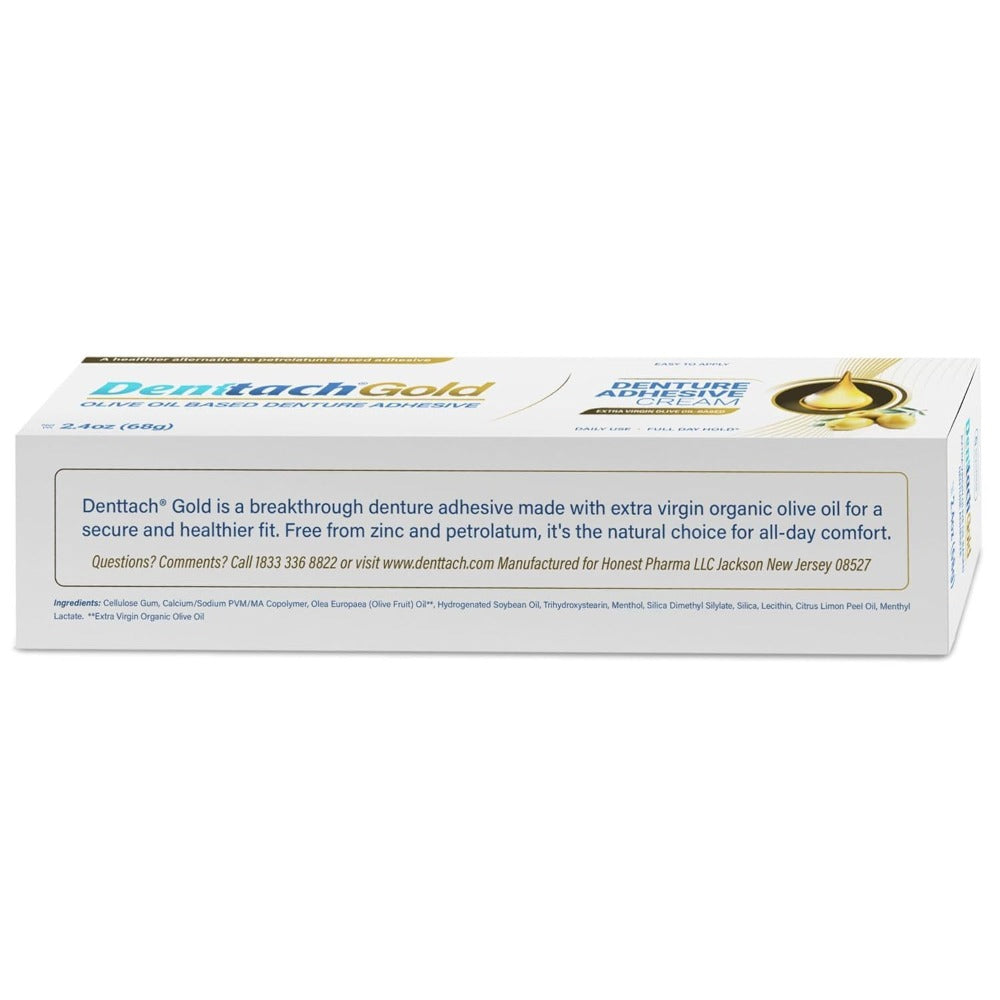 Denture Adhesive Cream Zinc-Free Olive Oil Formula - All Day Strong Hold for Full & Partial Dentures - Petroleum-Free Denture Glue 2.4 oz