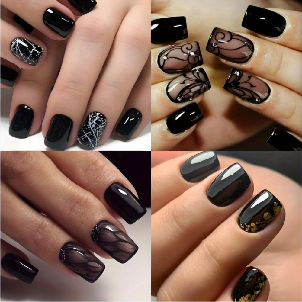 96 Pcs Black Press on Nails Short Square - Cute Summer Fake Nails Glossy False Nails Press ons Full Cover Nail Tips with Ice Cracks Design Acrylic Nail Kit Stick on Nails for Women