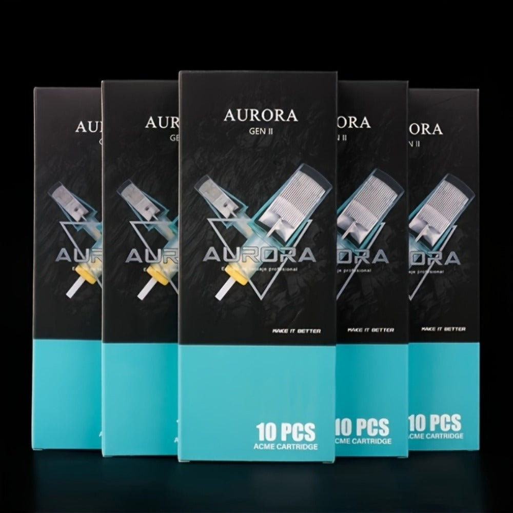 Aurora II 10-Pack Tattoo Cartridge Needles, Strong Stainless Steel, Large Ink Capacity, Low Ink Splatter, Transparent Design for Artists And Beginners, Unscented