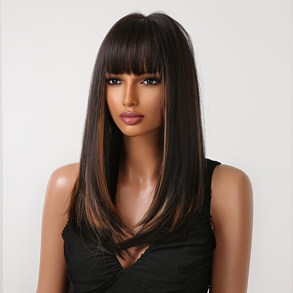 A 24-Inch Synthetic Wig Featuring Black Straight Hair with Orange Highlights And Bangs, Designed with a Headband for Women. It Includes a Dyed Rose Mesh Hat Made of Matte High-Temperature, Perfect for Fashionable And Trendy Everyday Wear. It'S Comfo