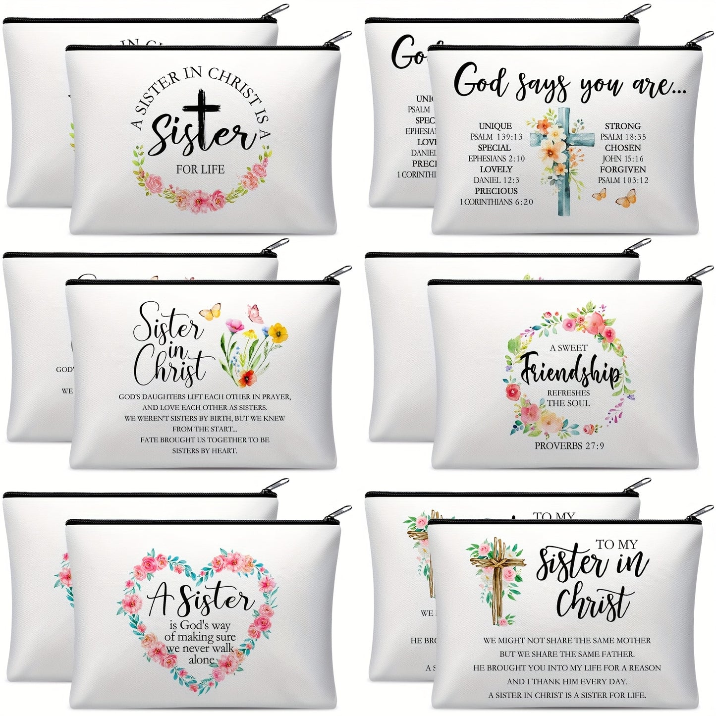 Christian Makeup Bag Set 12 Pcs Sisters in Christ Cosmetic Bags Inspirational Religious Gift for Women Faith-Based Birthday Valentine Mother's Day Secret Sister