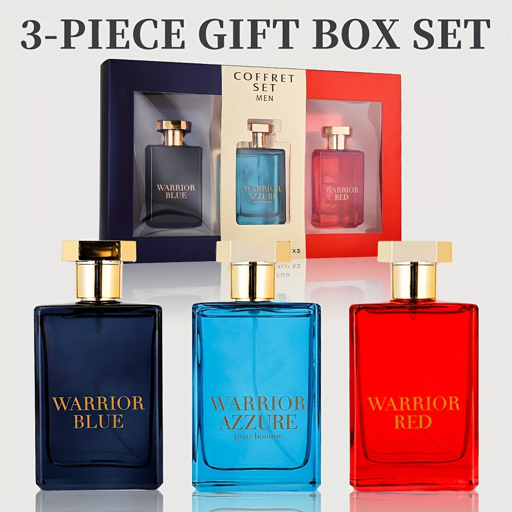 3.4fl.oz Warrior Blue Men's Eau De Toilette - OR 3pcs EDT Gift Set (3.4fl.oz Each) | 3 Long-Lasting Scents, Perfect Holiday & Dating Gift