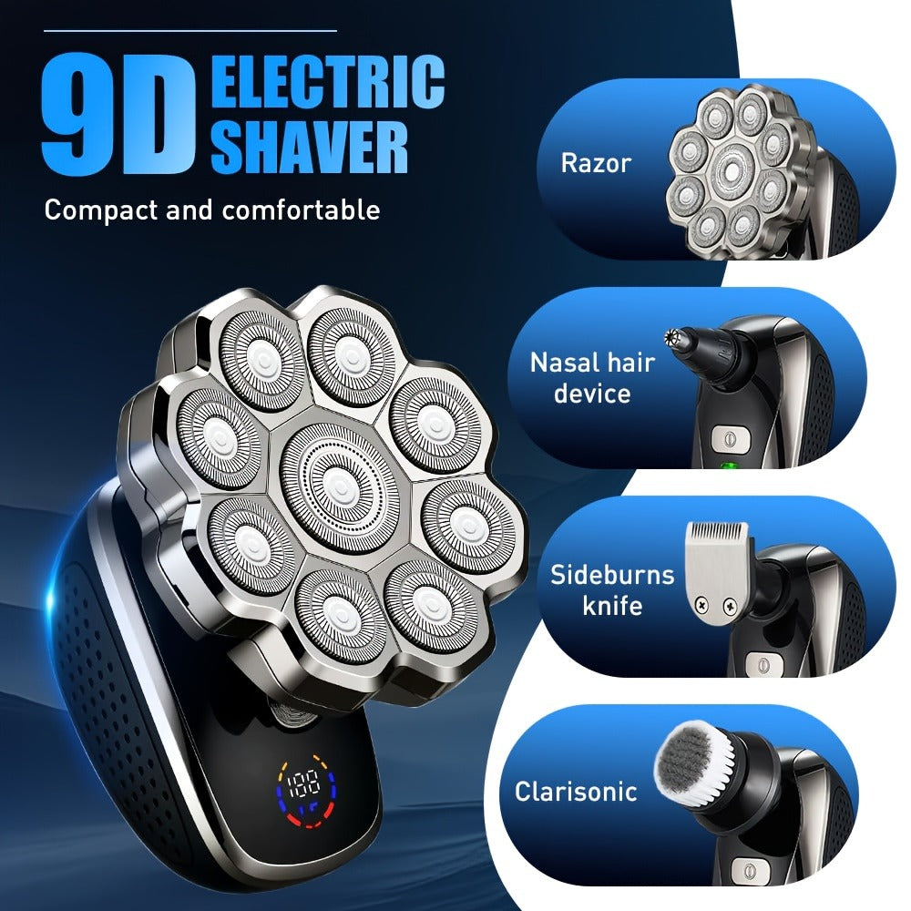 Electric Shaver for Men 5-in-1 Bald Head Shaver Wet Dry Electric Razor with 7D 9D Floating Head Detachable Magnetic Blades Cordless Grooming Kit Gift for Dad