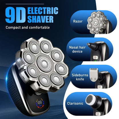 Electric Shaver for Men 5-in-1 Bald Head Shaver Wet Dry Electric Razor with 7D 9D Floating Head Detachable Magnetic Blades Cordless Grooming Kit Gift for Dad
