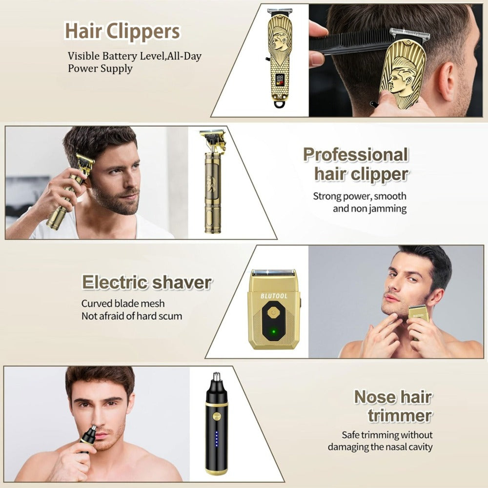 4-in-1 Cordless Men' Hair Clippers & Beard Trimmer with Electric Shaver & Nose Trimmer - Rechargeable Professional Hair Cutting System Suitable for Barbershop, Home Use, Gift for Dad, Husband, Birthday/Christmas Present - -in- Grooming Kit