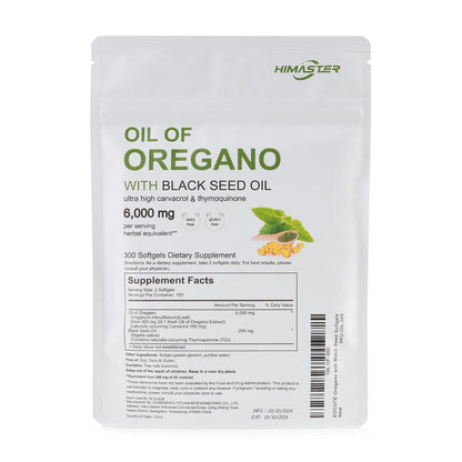 Oil of Oregano Softgels 300 Count 2-in-1 with Black Seed Oil, Ultra-High Carvacrol & Thymoquinone for Immune Support, Antioxidant Defence & Natural Antibiotic Alternative for Men & Women