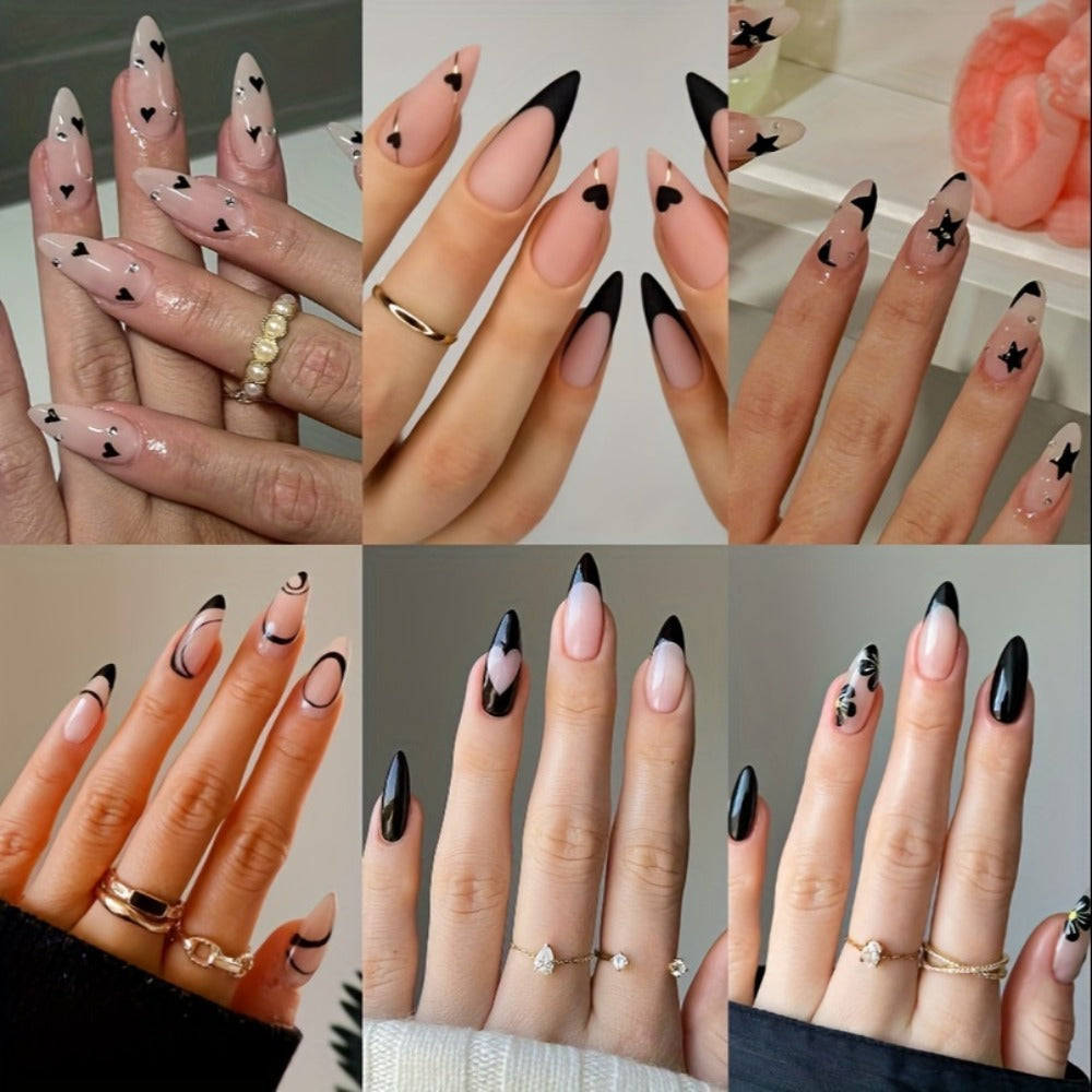 144pcs Pink Press On Nails Short Almond - Flower Small Flowers Fake Nails Rhinestone Press Ons Black French Nail Tip Glue On Nails with Cute Design Full Cover False Nails Stick On Nail Acrylic Nail Art Kit