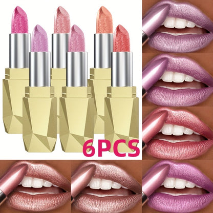 Lipstick Set 6Pcs Shimmer Lip Gloss Waterproof Long Lasting Lip Color Coral Pink Red Purple Makeup Kit for Women Travel Friendly All Day Wear